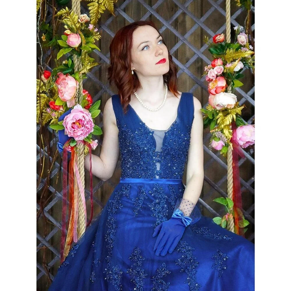 Women's Short Blue Bow Lace Gloves Tea Party Elegant Opera Wedding Accessories